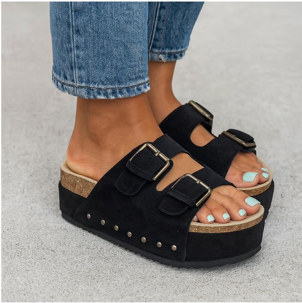 Black Studded Suede Platform Sandals 7.5 Genuine Leather Footbed Summer Boho
